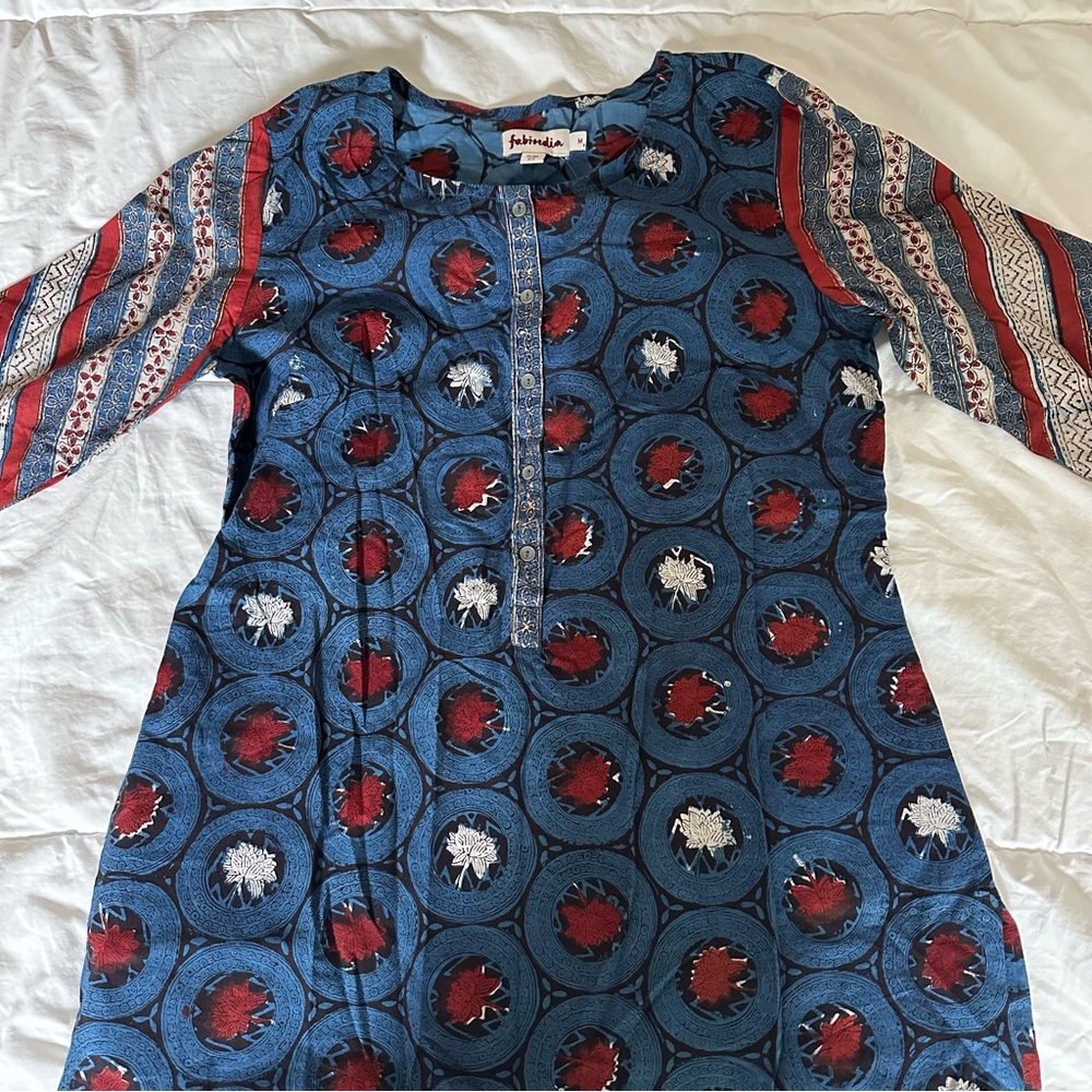 Fabindia Blue and Red Casual Dress with Cuffed 3/4 Sleeves